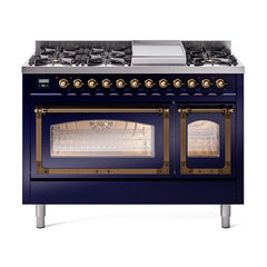 ILVE Nostalgie II Noblesse 48" Dual Fuel Freestanding Range 8 Sealed Burners + Griddle with Triple Glass Door UN48FNMP