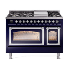 ILVE Nostalgie II Noblesse 48" Dual Fuel Freestanding Range 8 Sealed Burners + Griddle with Triple Glass Door UN48FNMP
