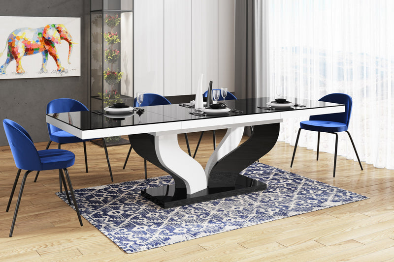 Maxima House Dining Set AVIVA 7 pcs. black/ white modern glossy Dining Table with 2 self-storing leaves plus 6 chairs