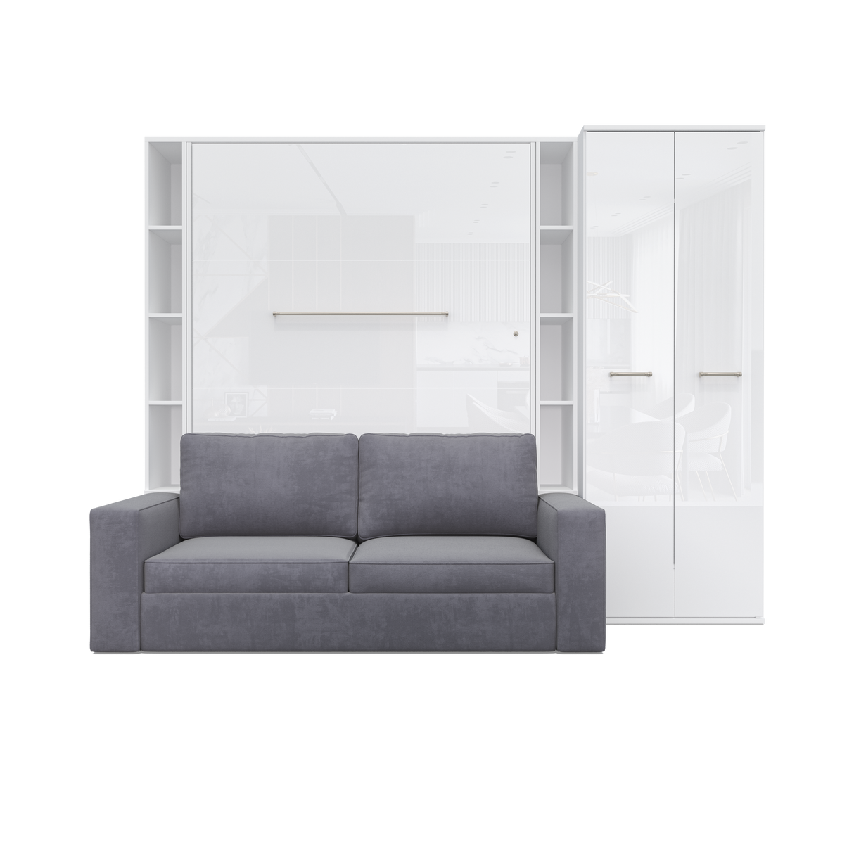 Maxima House Vertical FULL size Murphy Bed Invento with a Sofa, two Cabinets and Wardrobe
