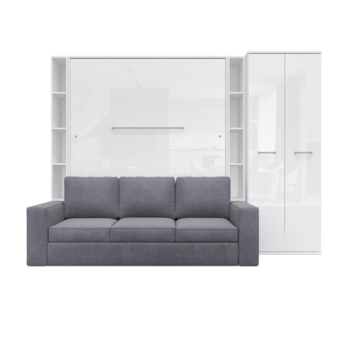 Maxima House Vertical Queen size Murphy Bed Invento with a Sofa, two Cabinets and Wardrobe
