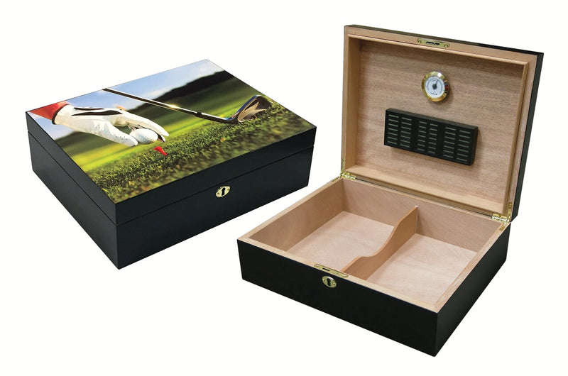 Prestige Imports 9-Iron 75 Ct. Vivid 3D Golf Scene Humidor with Black Satin Finish