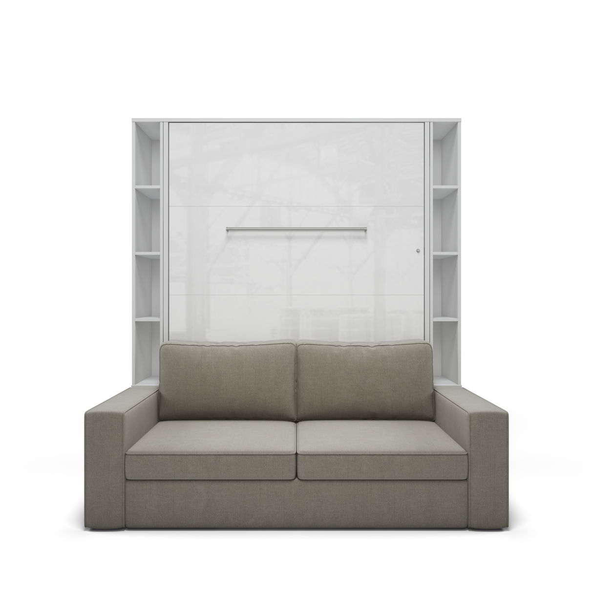 Maxima House Vertical European FULL size Murphy Bed Invento with a Sofa and two Cabinets