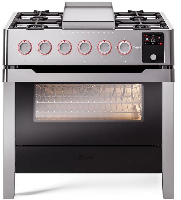 ILVE Panoramagic 36 Inch Dual Fuel Range Burner Top 6 Burners+Fry Top UPM09FDS3SSLP
